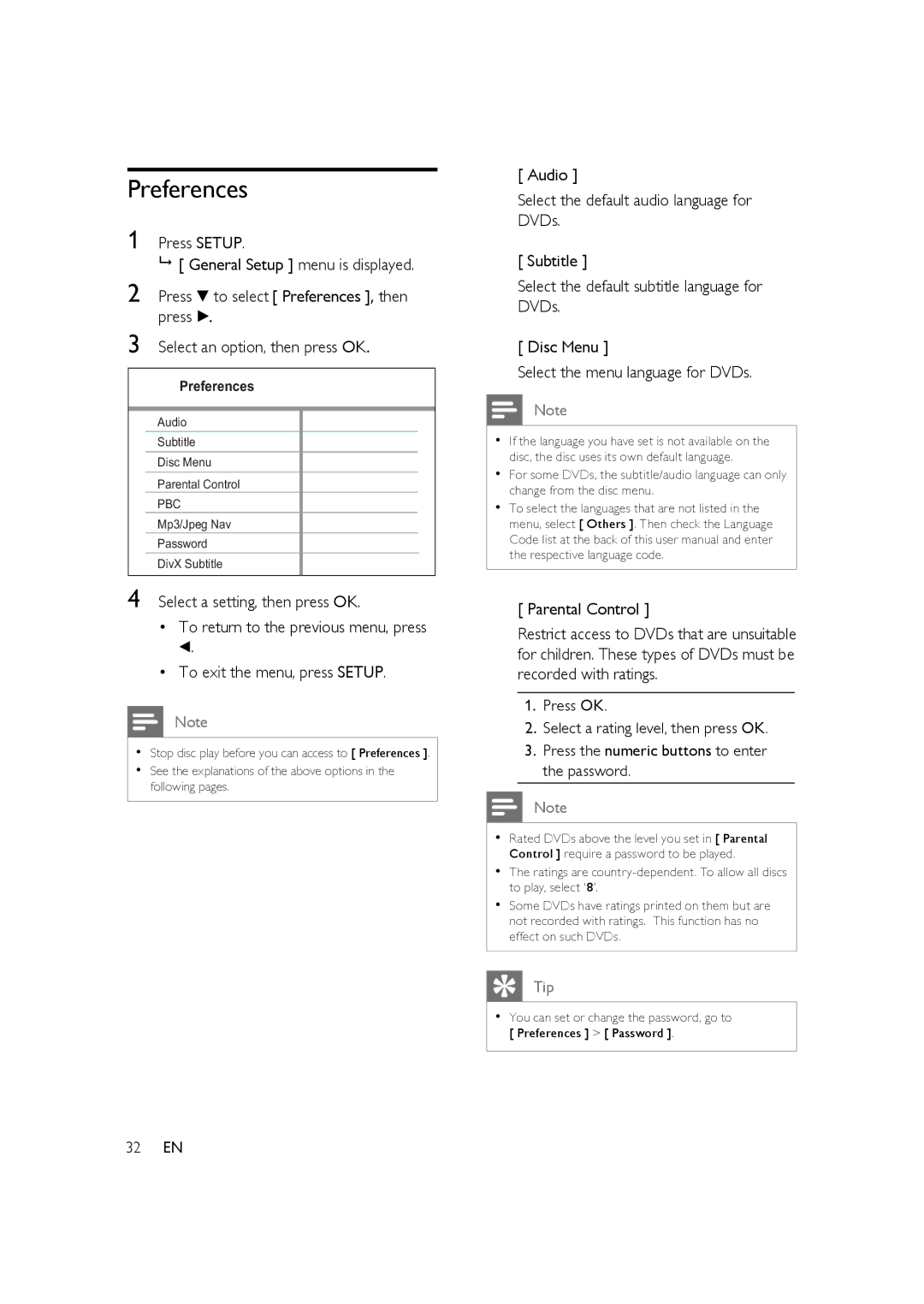 Philips HTP3350K/55 user manual Preferences, 32 EN 