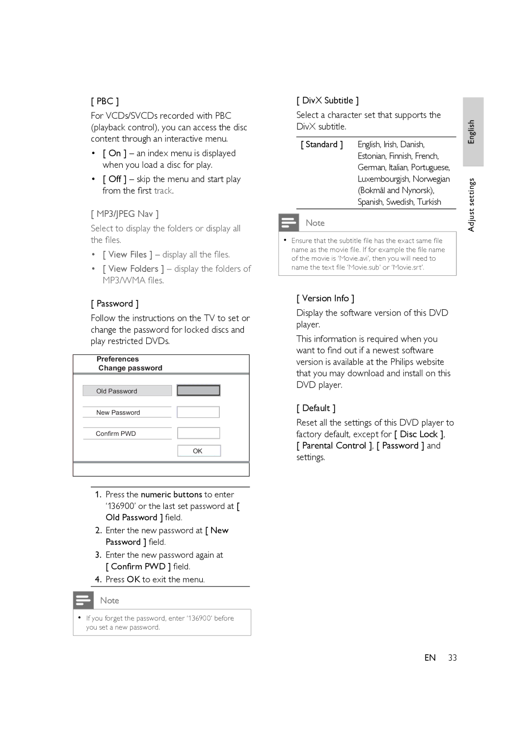 Philips HTP3350K/55 user manual Pbc, Off skip the menu and start play from the ﬁrst track 