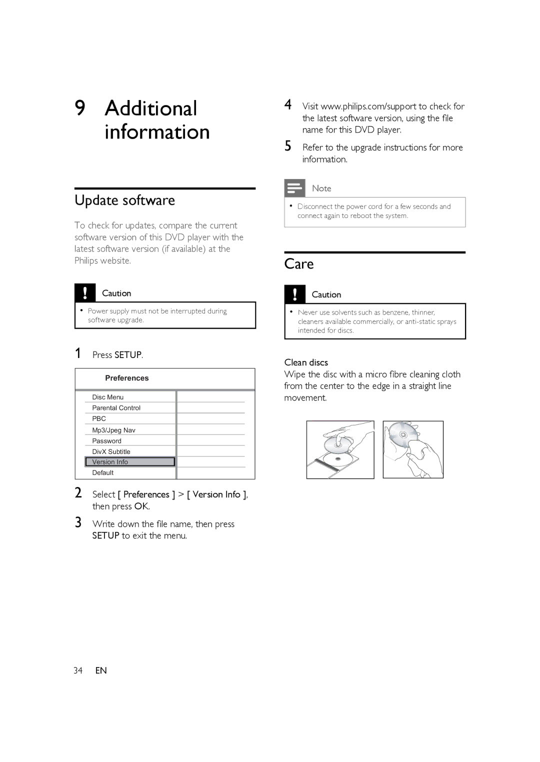 Philips HTP3350K/55 user manual Update software, Care 