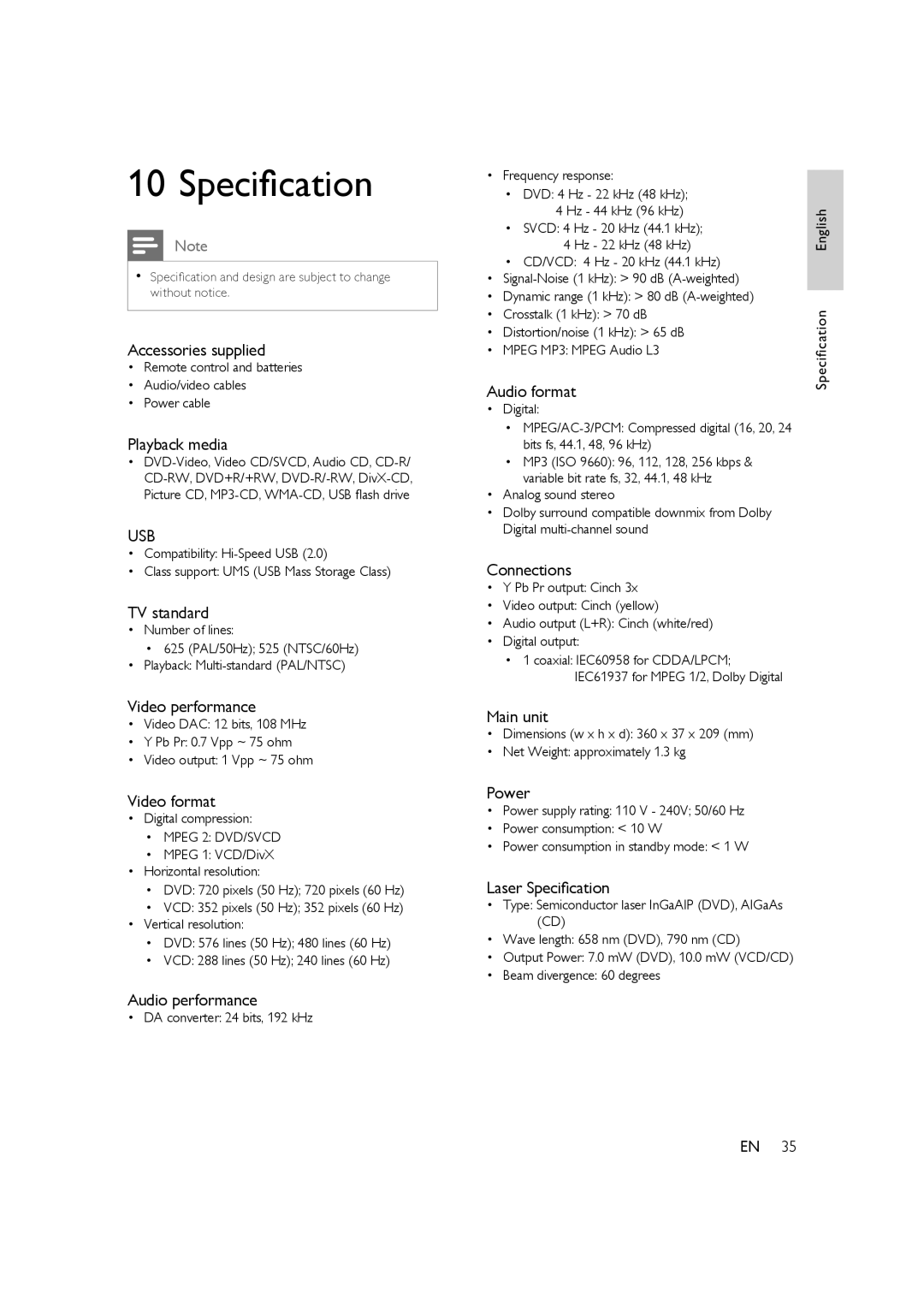 Philips HTP3350K/55 user manual Speciﬁcation 