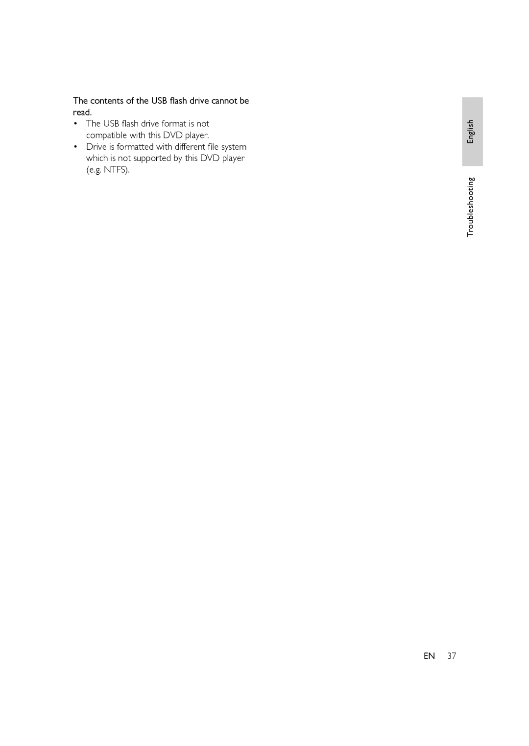 Philips HTP3350K/55 user manual Contents of the USB ﬂash drive cannot be read 