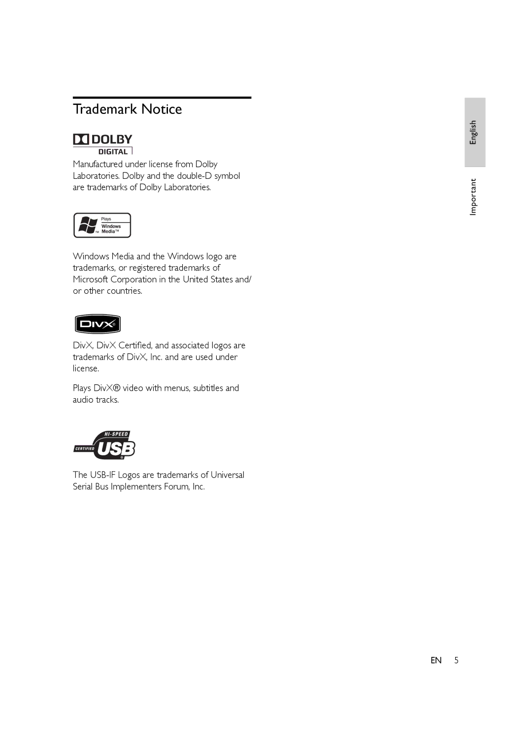 Philips HTP3350K/55 user manual Trademark Notice 