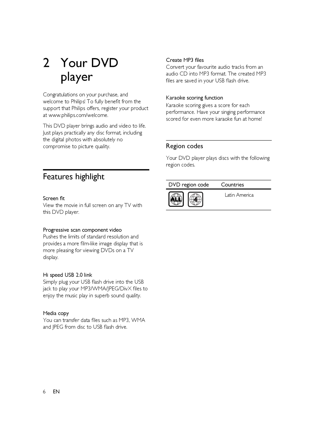 Philips HTP3350K/55 user manual Your DVD player, Features highlight, Region codes 