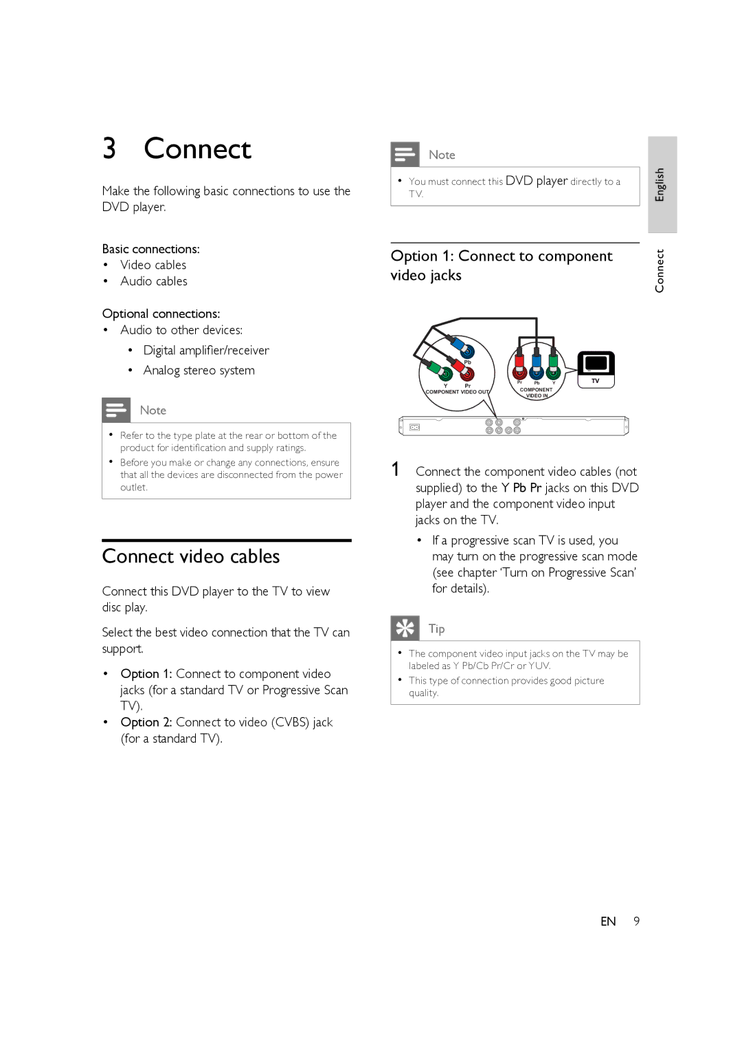 Philips HTP3350K/55 user manual Connect video cables, Option 1 Connect to component, Video jacks 