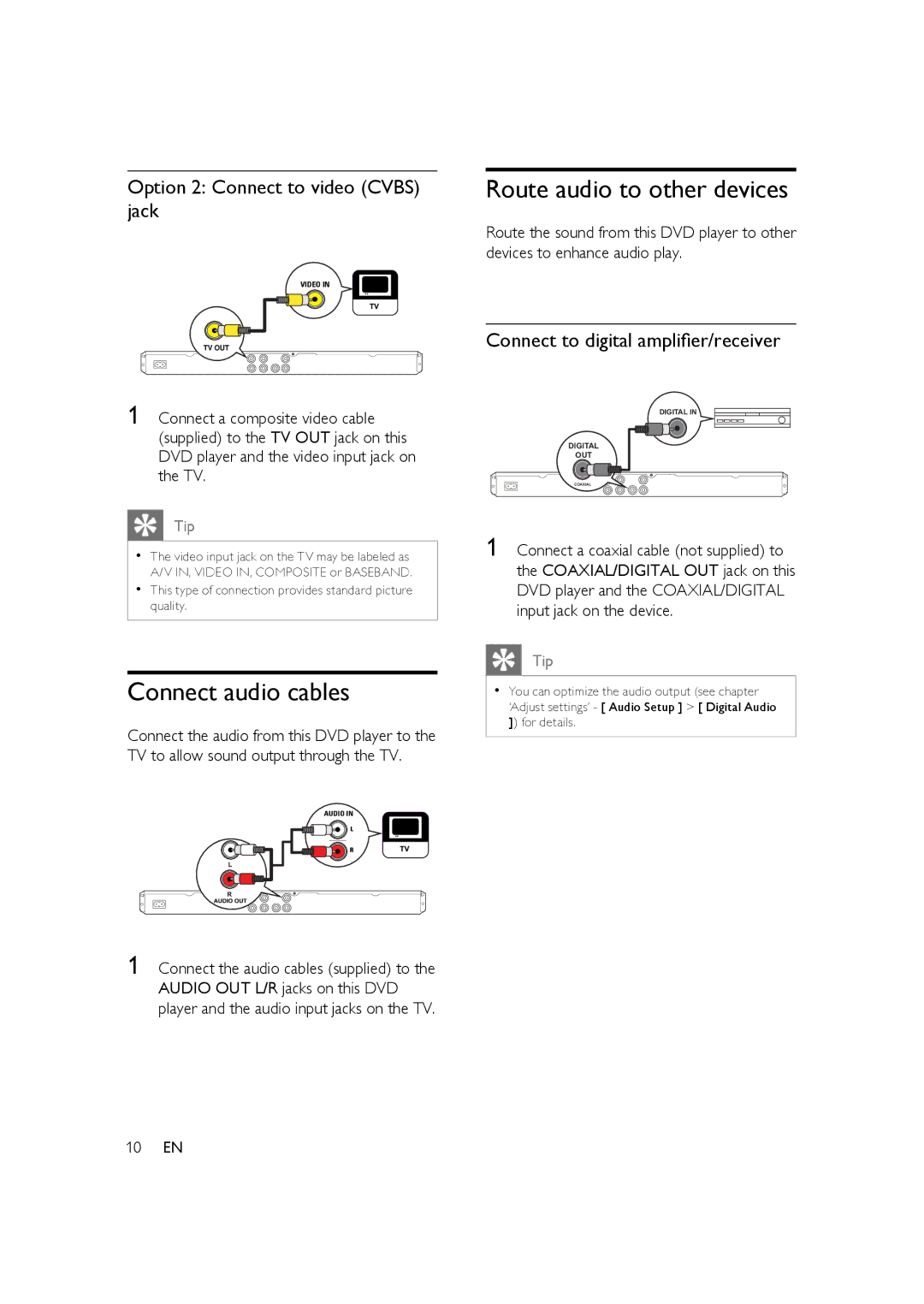 Philips HTP3350K user manual Route audio to other devices, Connect audio cables, Option 2 Connect to video Cvbs jack, 10 EN 