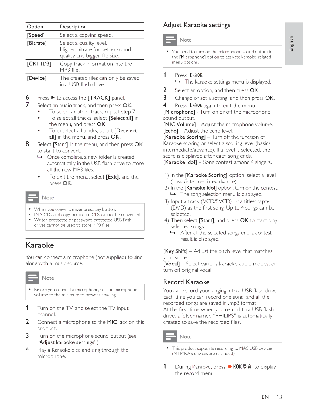 Philips HTP3560K/93 Adjust Karaoke settings, Record Karaoke, To exit the menu, select Exit, and then press OK 