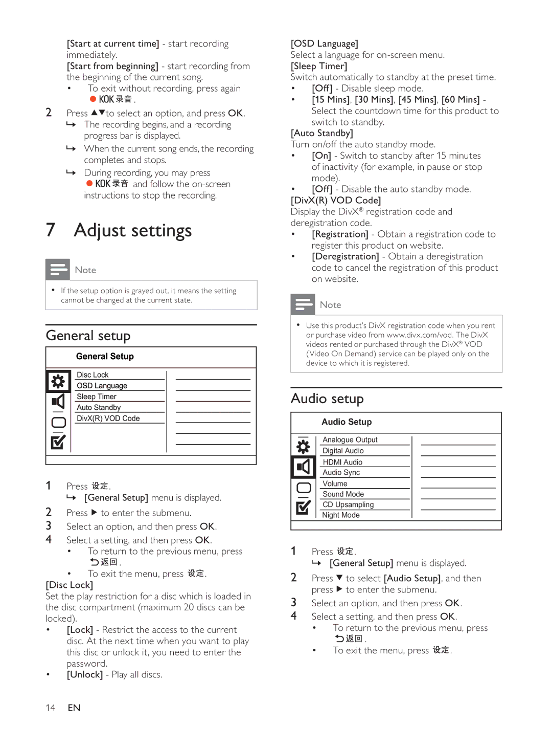 Philips HTP3560K/93 user manual Adjust settings, General setup, Audio setup 