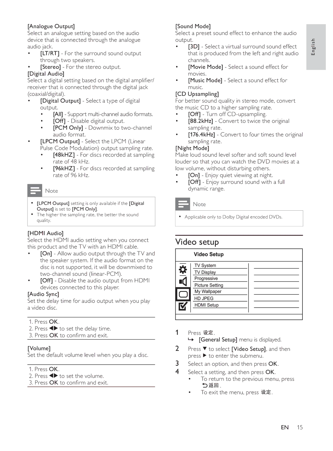 Philips HTP3560K/93 user manual Video setup, Hdmi Audio, Output 