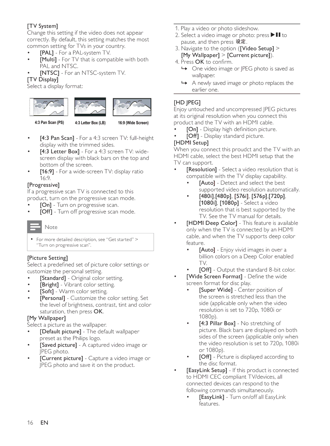 Philips HTP3560K/93 user manual TV System, HD Jpeg, EasyLink Turn on/off all EasyLink features 16 EN 