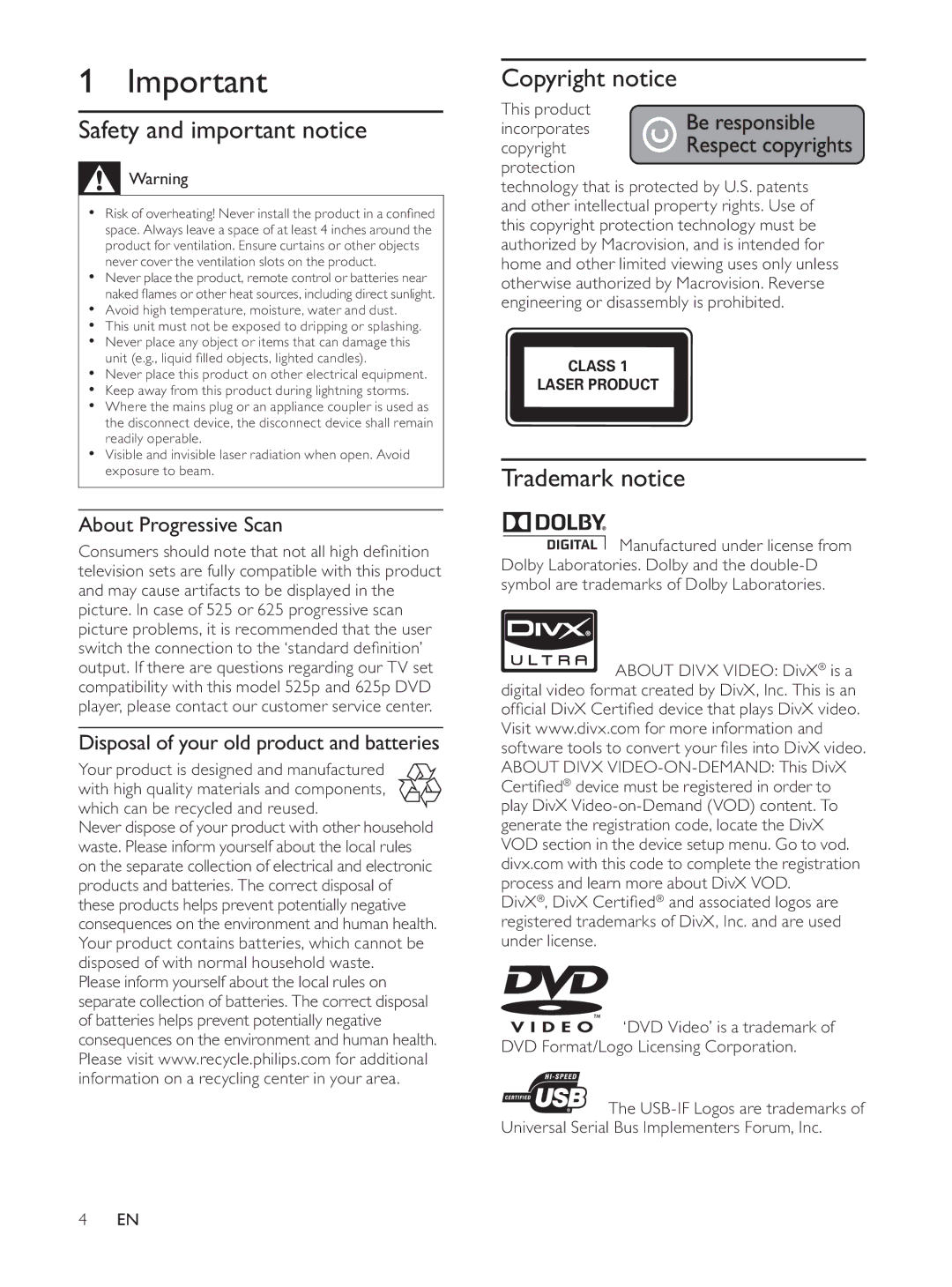 Philips HTP3560K/93 user manual Safety and important notice, Copyright notice, Trademark notice, About Progressive Scan 