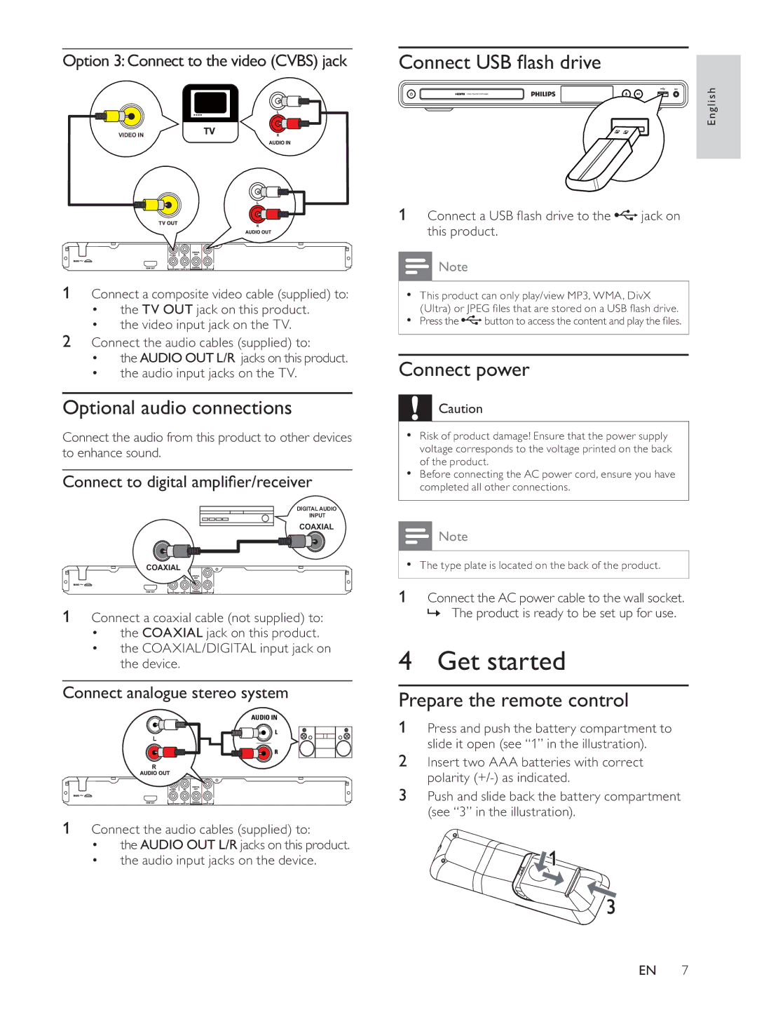 Philips HTP3560K/93 user manual Get started, Optional audio connections, Connect USB ﬂ ash drive, Connect power 