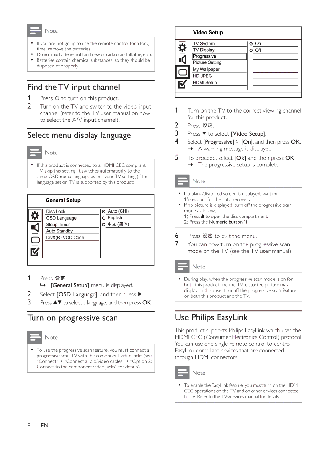 Philips HTP3560K/93 user manual Find the TV input channel, Select menu display language, Turn on progressive scan 