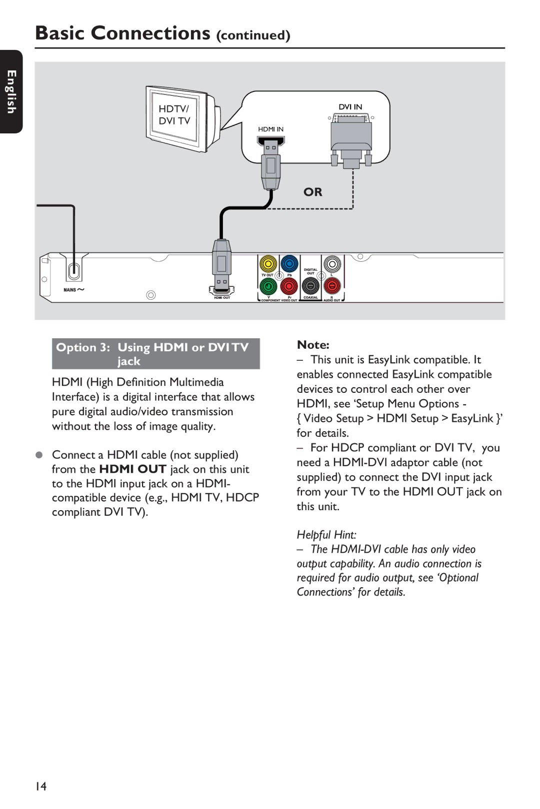 Philips HTP5990K/93 manual Option 3 Using Hdmi or DVI TV jack, Helpful Hint 