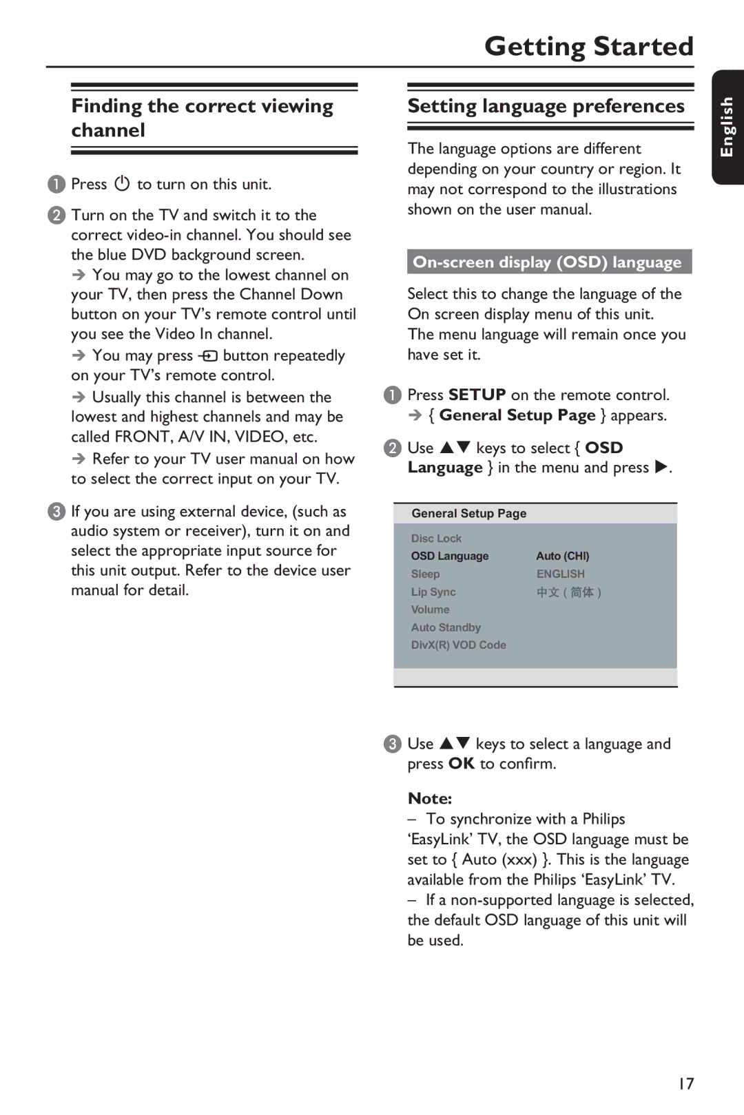 Philips HTP5990K/93 manual Getting Started, Finding the correct viewing channel, Setting language preferences 