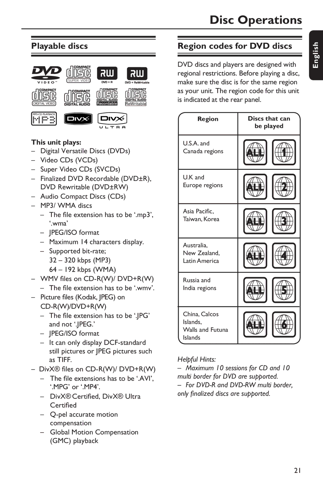 Philips HTP5990K/93 manual Disc Operations, Playable discs, Region codes for DVD discs, This unit plays 