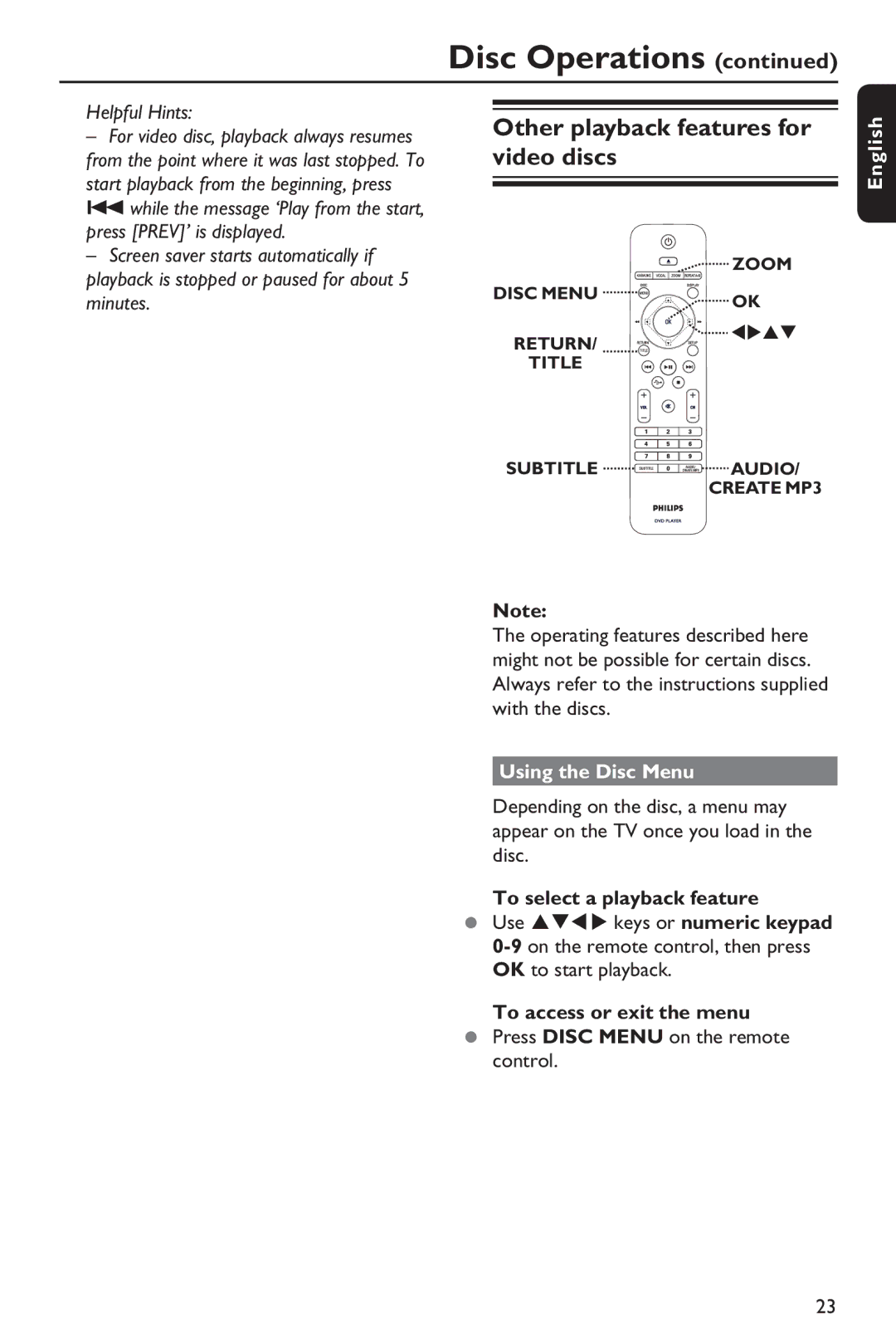 Philips HTP5990K/93 manual Other playback features for video discs, Using the Disc Menu 