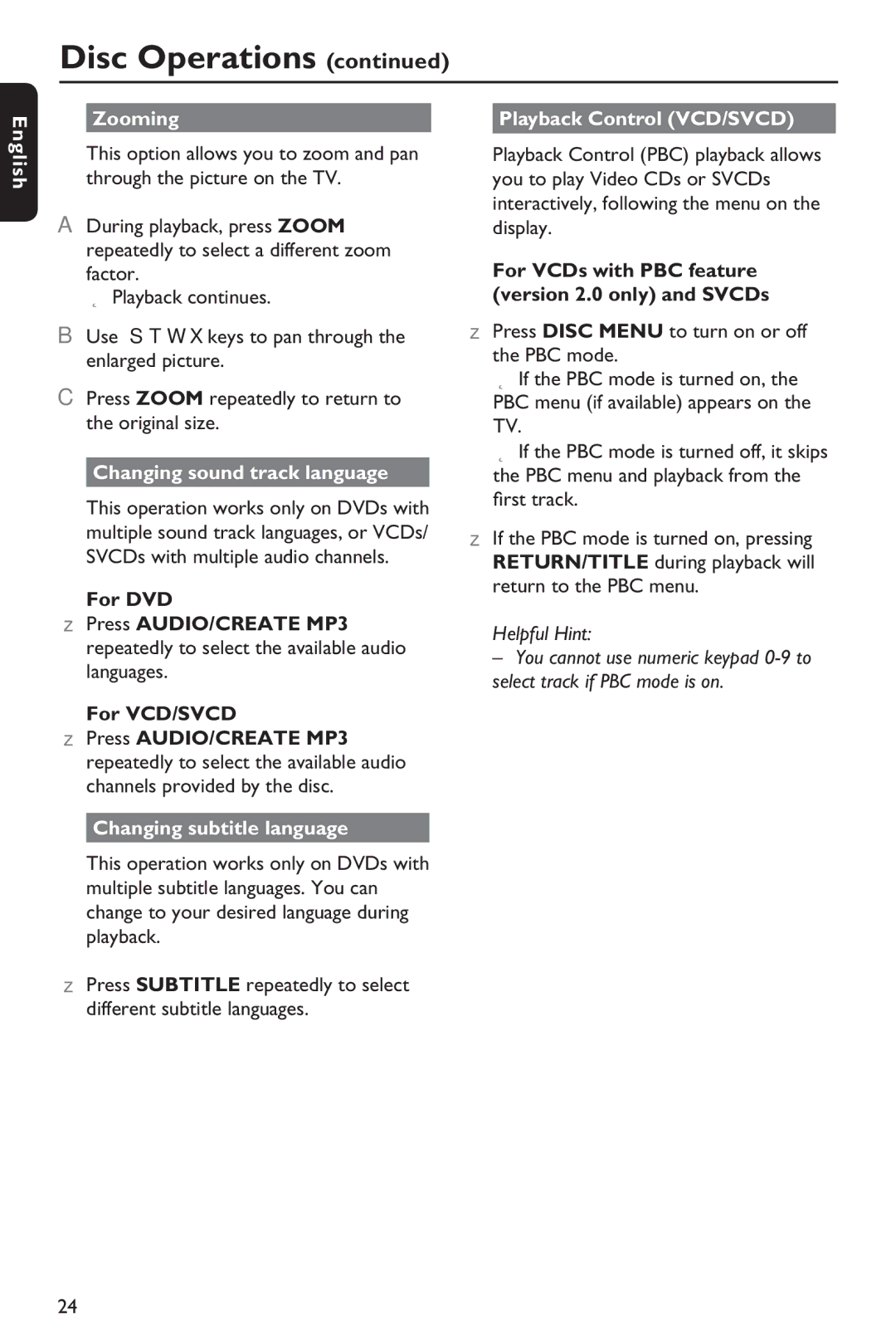 Philips HTP5990K/93 English Zooming, Changing sound track language, Changing subtitle language Playback Control VCD/SVCD 