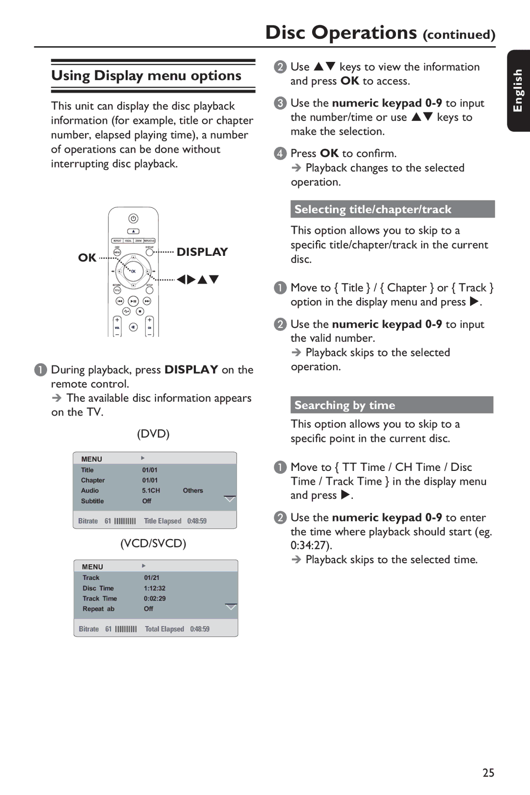 Philips HTP5990K manual Using Display menu options, Use the numeric keypad 0-9 to input, Selecting title/chapter/track 