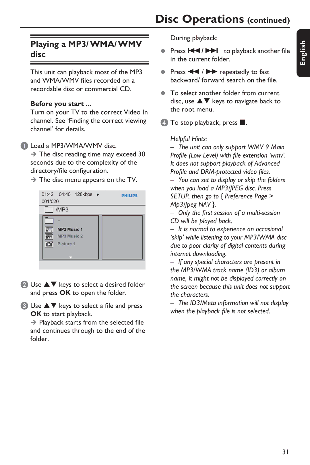 Philips HTP5990K/93 manual Playing a MP3/ WMA/ WMV disc, Disc menu appears on the TV, Press OK to open the folder 