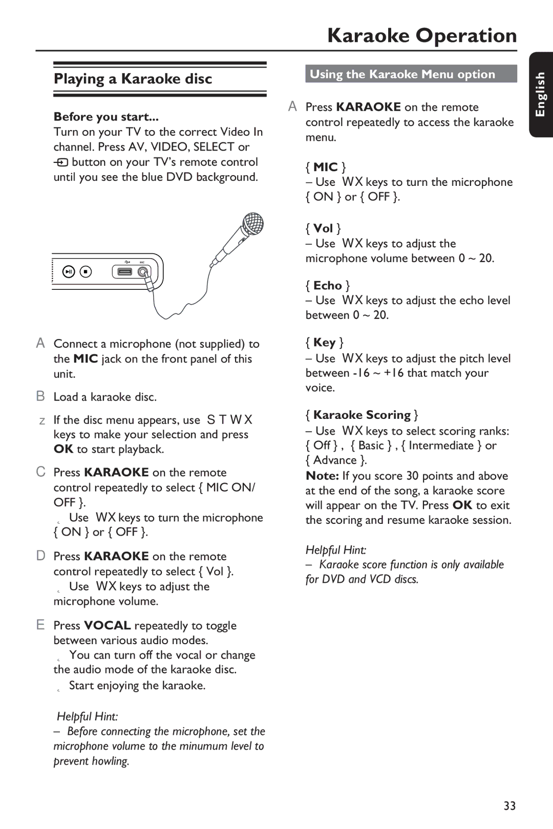 Philips HTP5990K/93 manual Karaoke Operation, Playing a Karaoke disc, Using the Karaoke Menu option 