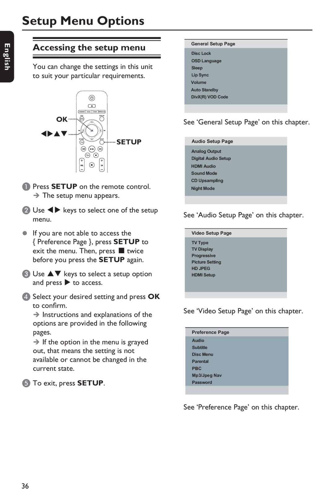 Philips HTP5990K/93 manual Setup Menu Options, Accessing the setup menu 