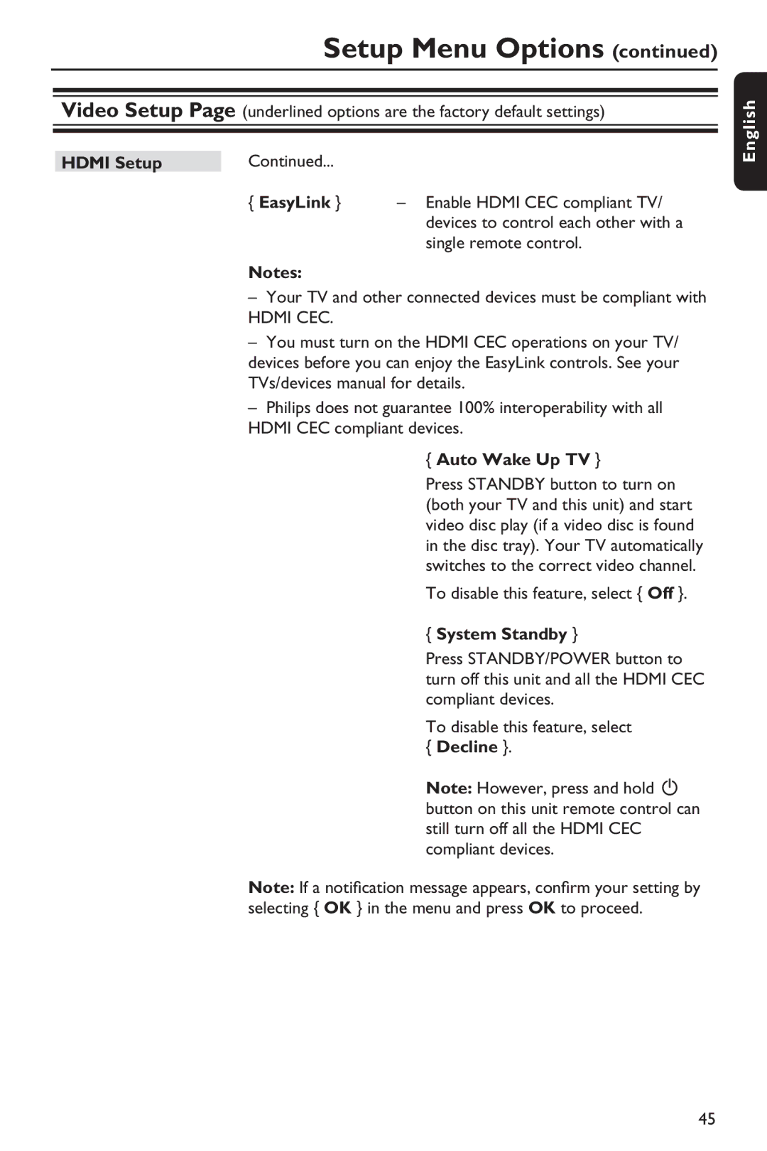 Philips HTP5990K/93 manual Hdmi Setup EasyLink, Auto Wake Up TV, System Standby 