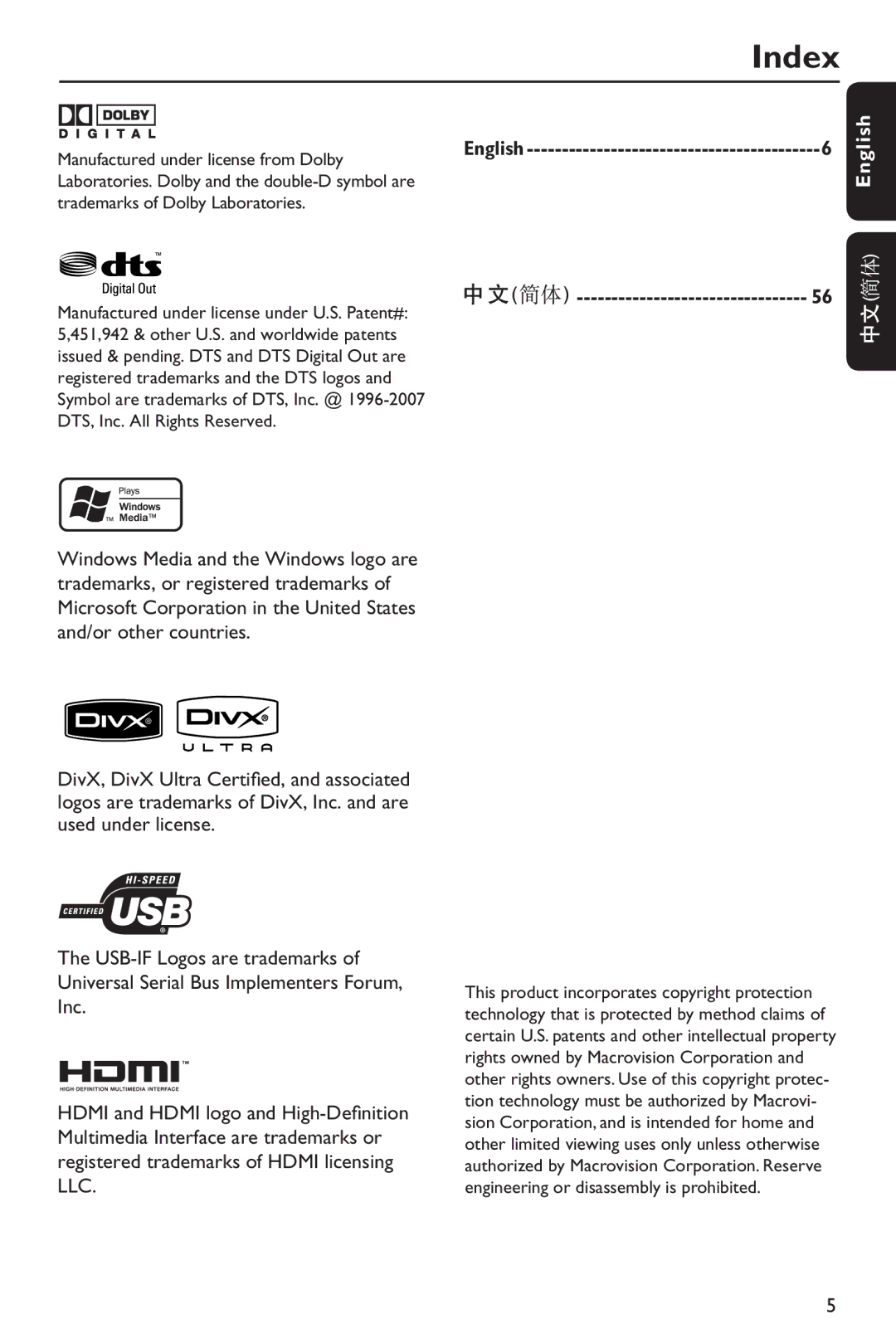 Philips HTP5990K/93 manual Index, English 