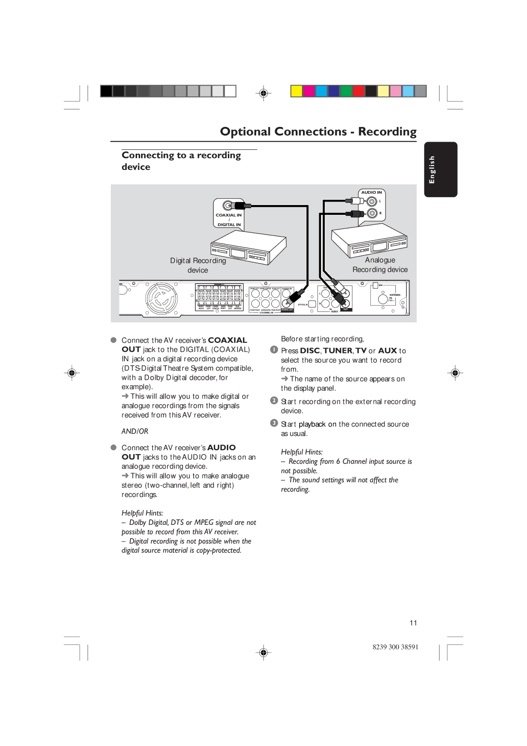 Philips HTR5000 user manual Optional Connections Recording, Connecting to a recording device, Device 