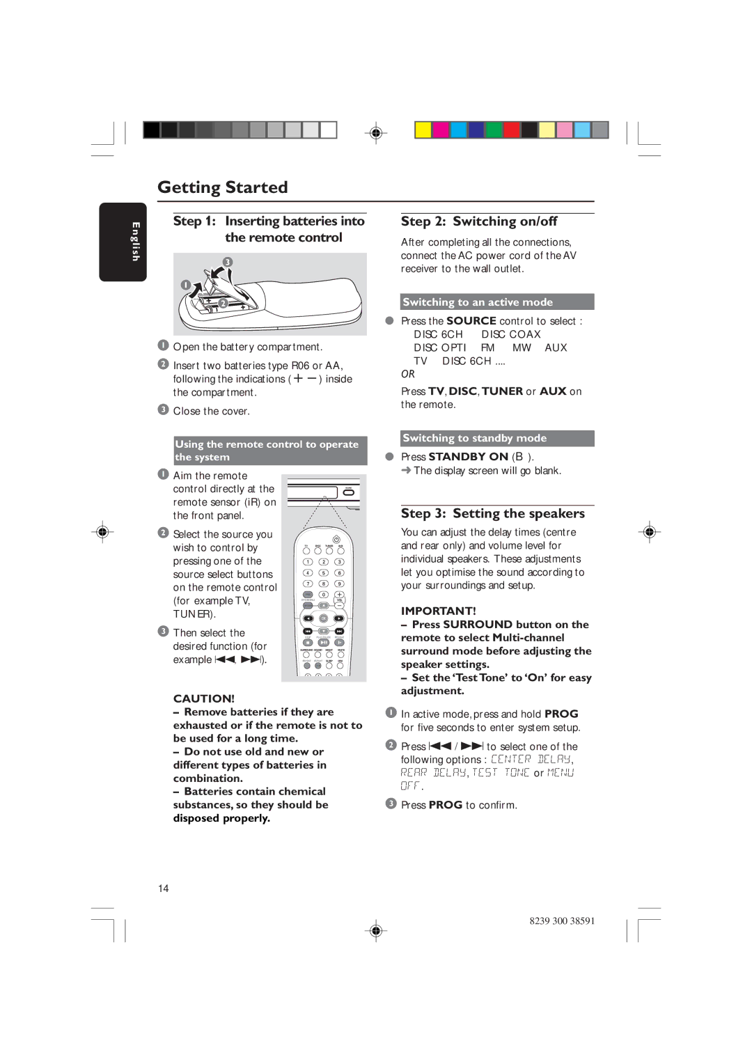 Philips HTR5000 user manual Getting Started, Switching on/off, Setting the speakers, Switching to an active mode 