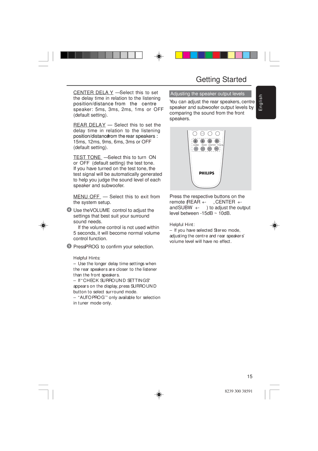 Philips HTR5000 user manual Adjusting the speaker output levels, Helpful Hint 