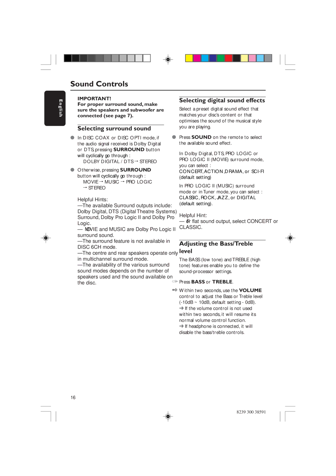 Philips HTR5000 Sound Controls, Selecting surround sound, Selecting digital sound effects, Adjusting the Bass/Treble level 