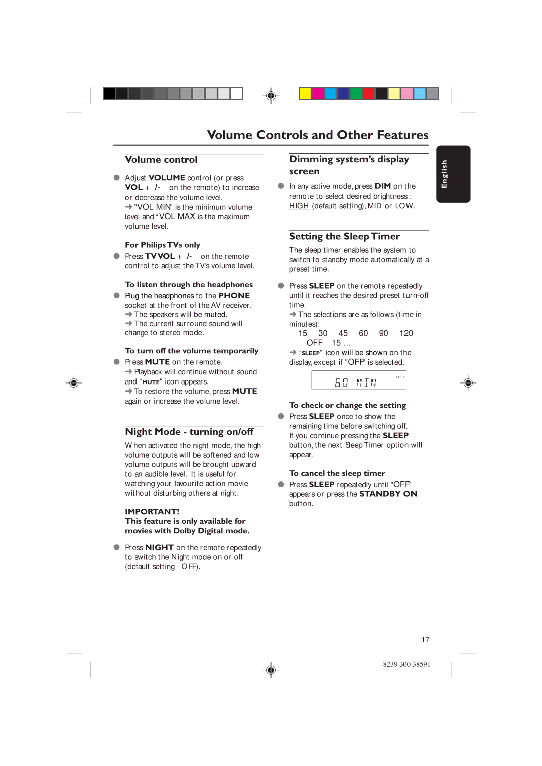 Philips HTR5000 user manual Volume Controls and Other Features, Volume control, Dimming system’s display screen 