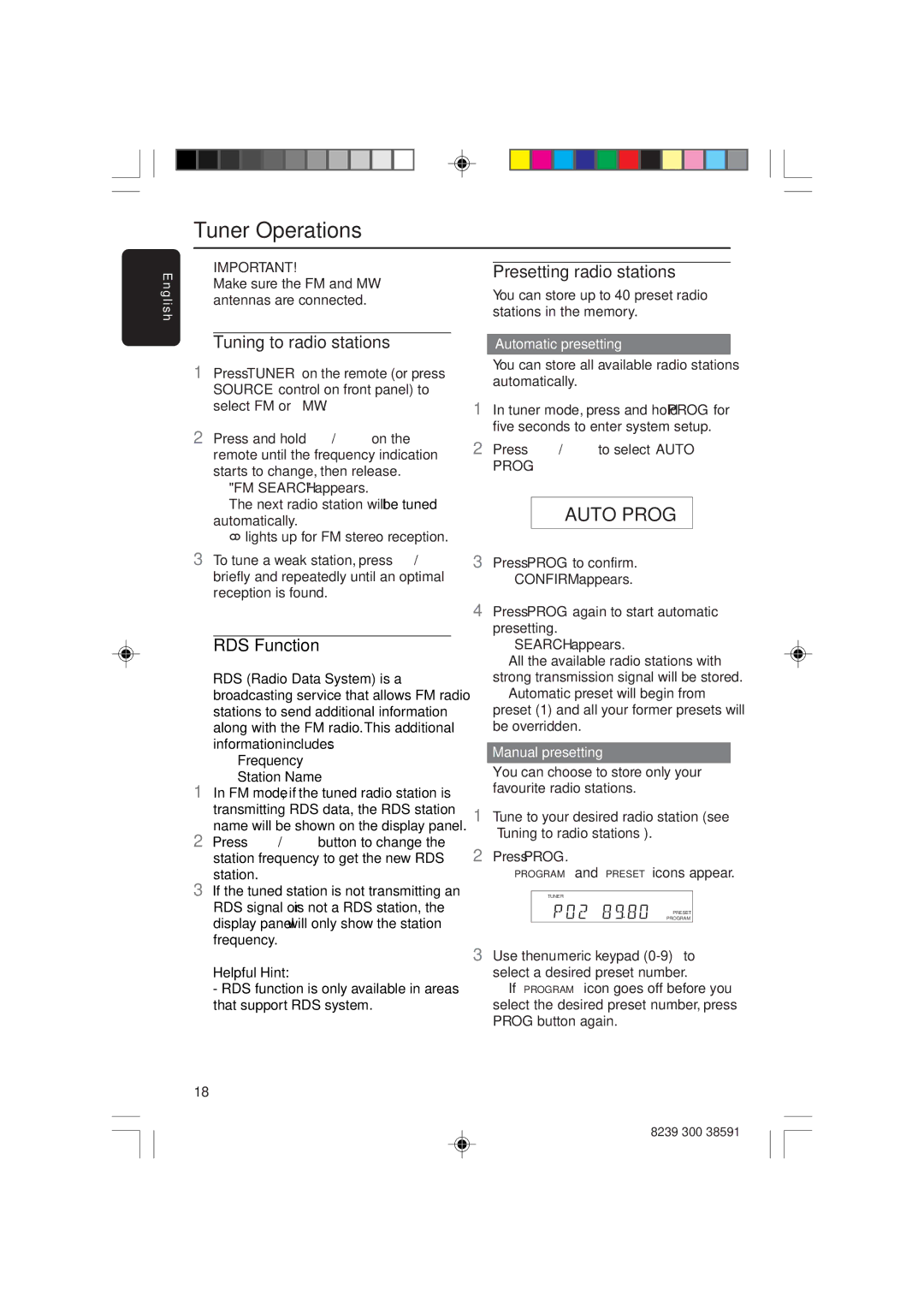 Philips HTR5000 user manual Tuner Operations, Presetting radio stations, Tuning to radio stations, Automatic presetting 