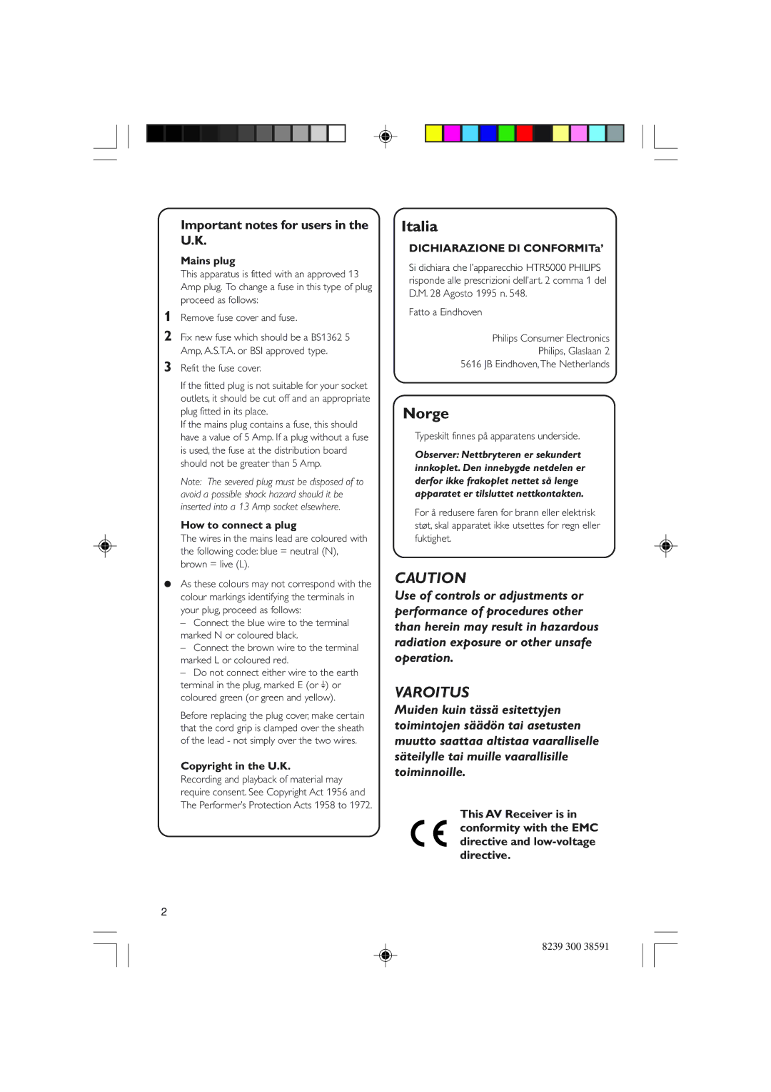 Philips HTR5000 user manual Varoitus 