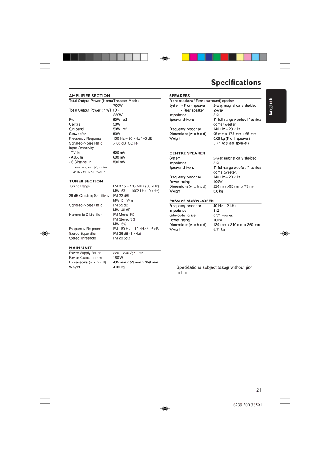 Philips HTR5000 user manual Specifications, Amplifier Section 