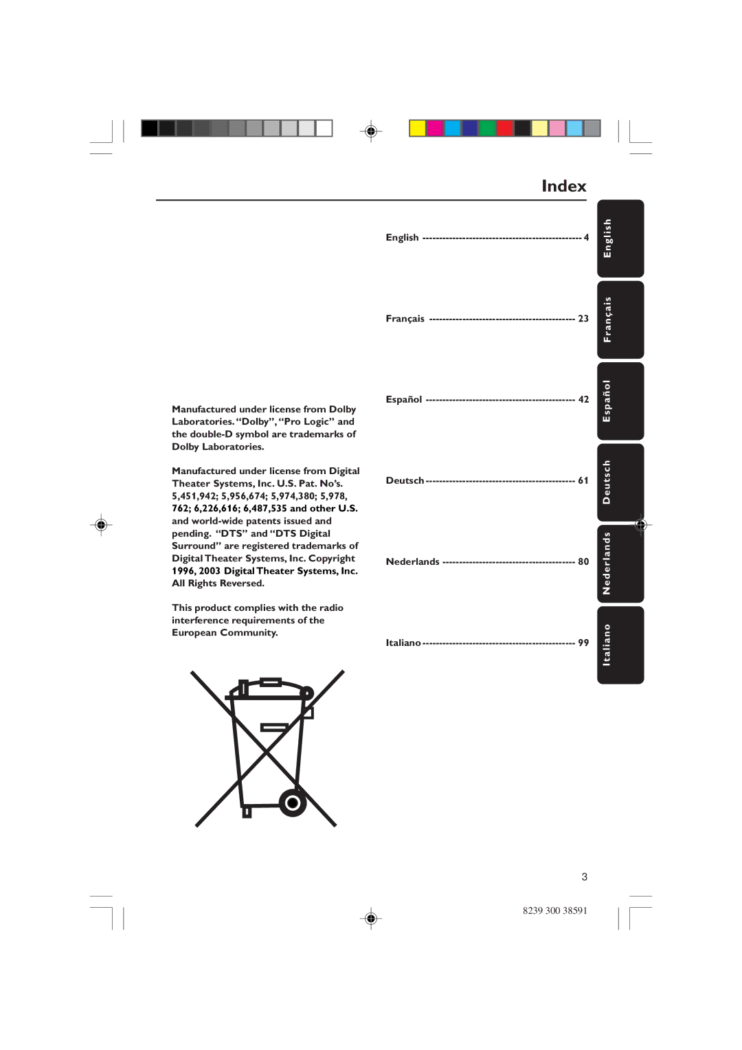 Philips HTR5000 user manual Index, O l Fr a n ç a i s E n g l i s h 