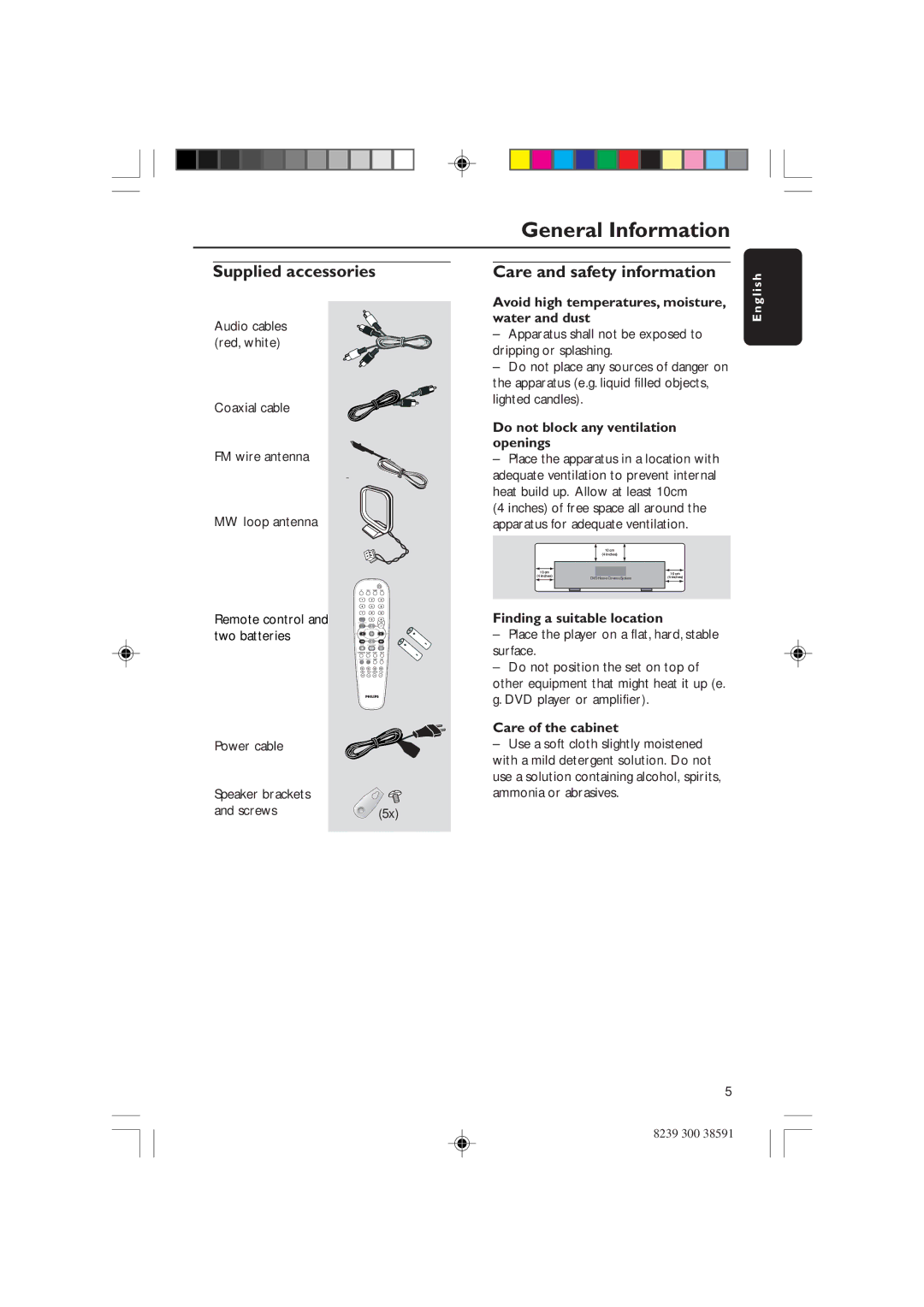 Philips HTR5000 user manual General Information, Supplied accessories, Care and safety information 