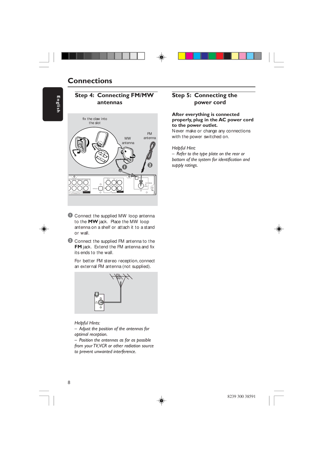 Philips HTR5000 user manual Connecting FM/MW antennas, Connecting the power cord 