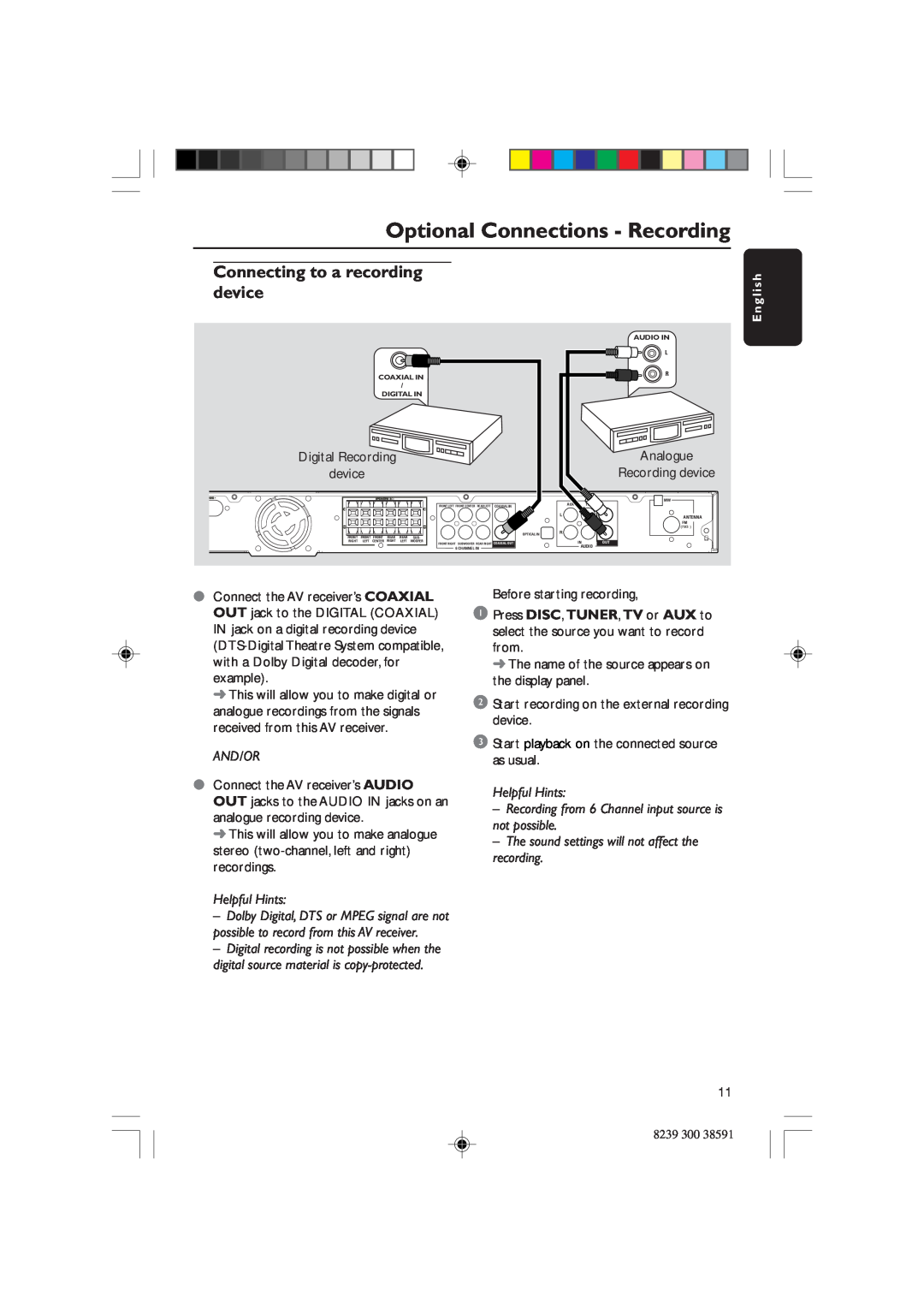 Philips HTR5000 user manual Optional Connections - Recording, Connecting to a recording device, And/Or, Helpful Hints 