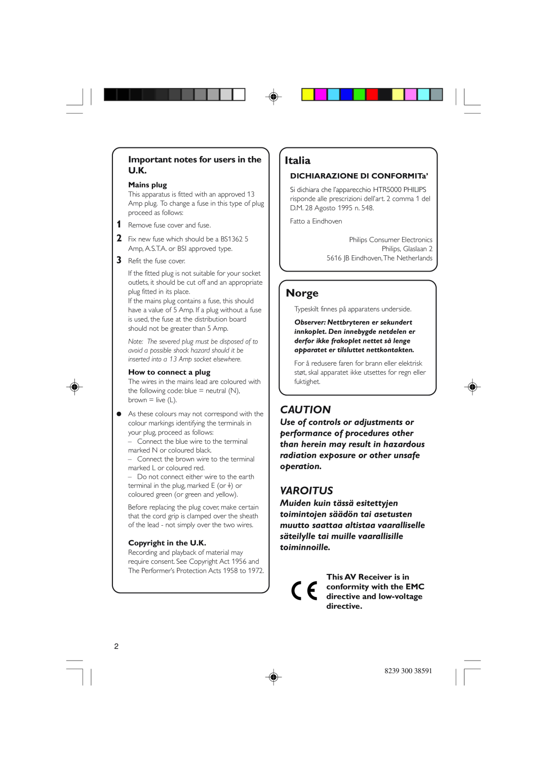 Philips HTR5000 user manual Varoitus, Italia, Norge, Important notes for users in the U.K 