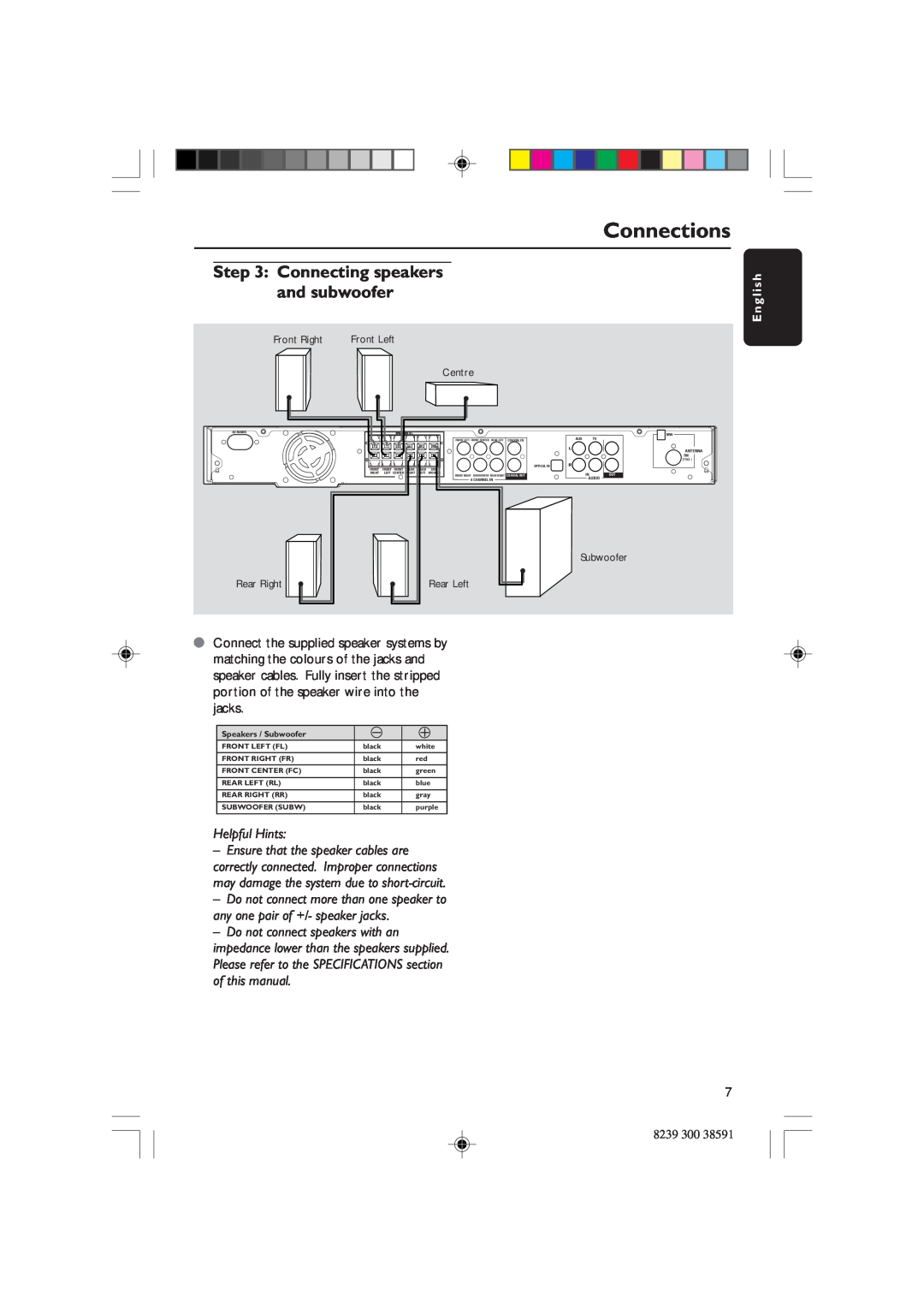 Philips HTR5000 user manual Connections, Connecting speakers and subwoofer, Helpful Hints, E n g l i s h, 8239 