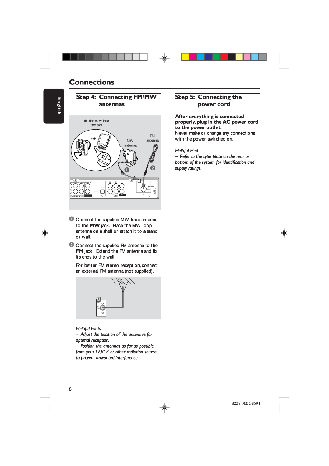 Philips HTR5000 user manual Connecting FM/MW antennas, Connecting the power cord, Connections, Helpful Hints 