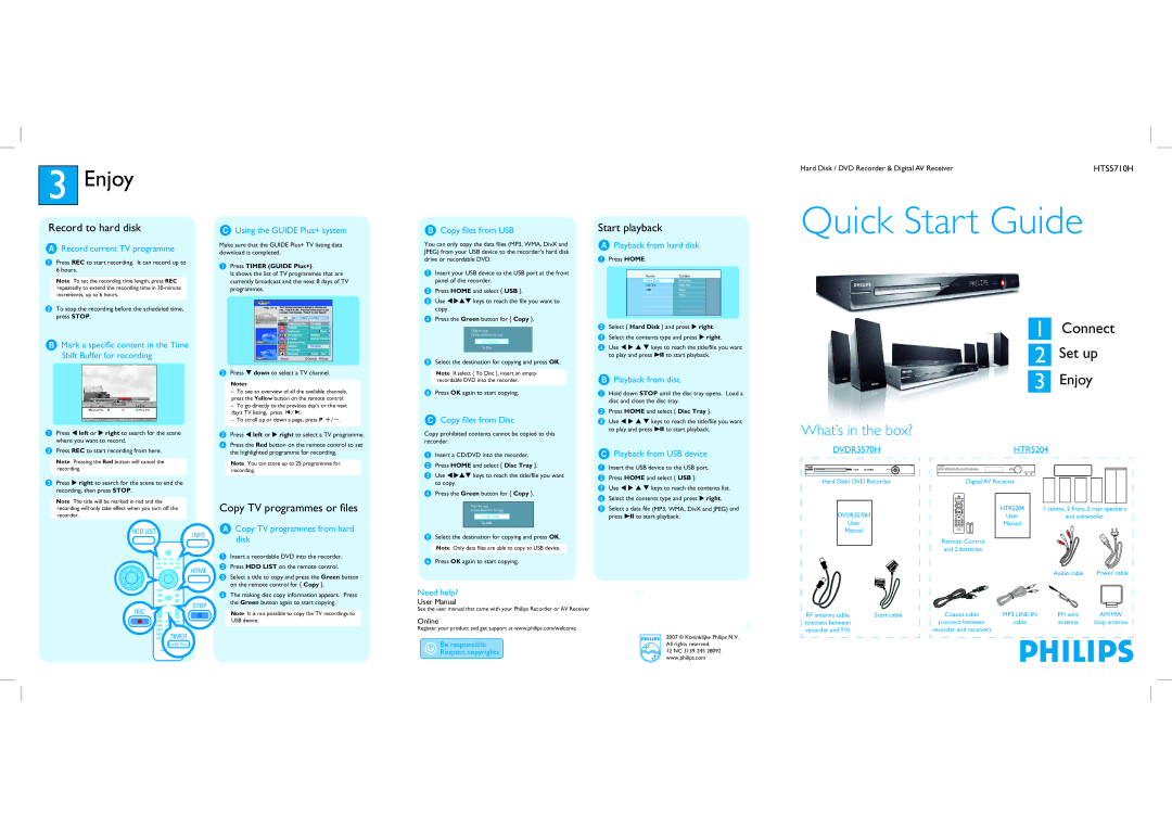 Philips HTR5204, HTS5710H/31 user manual Record to hard disk, Start playback, Copy TV programmes or files 