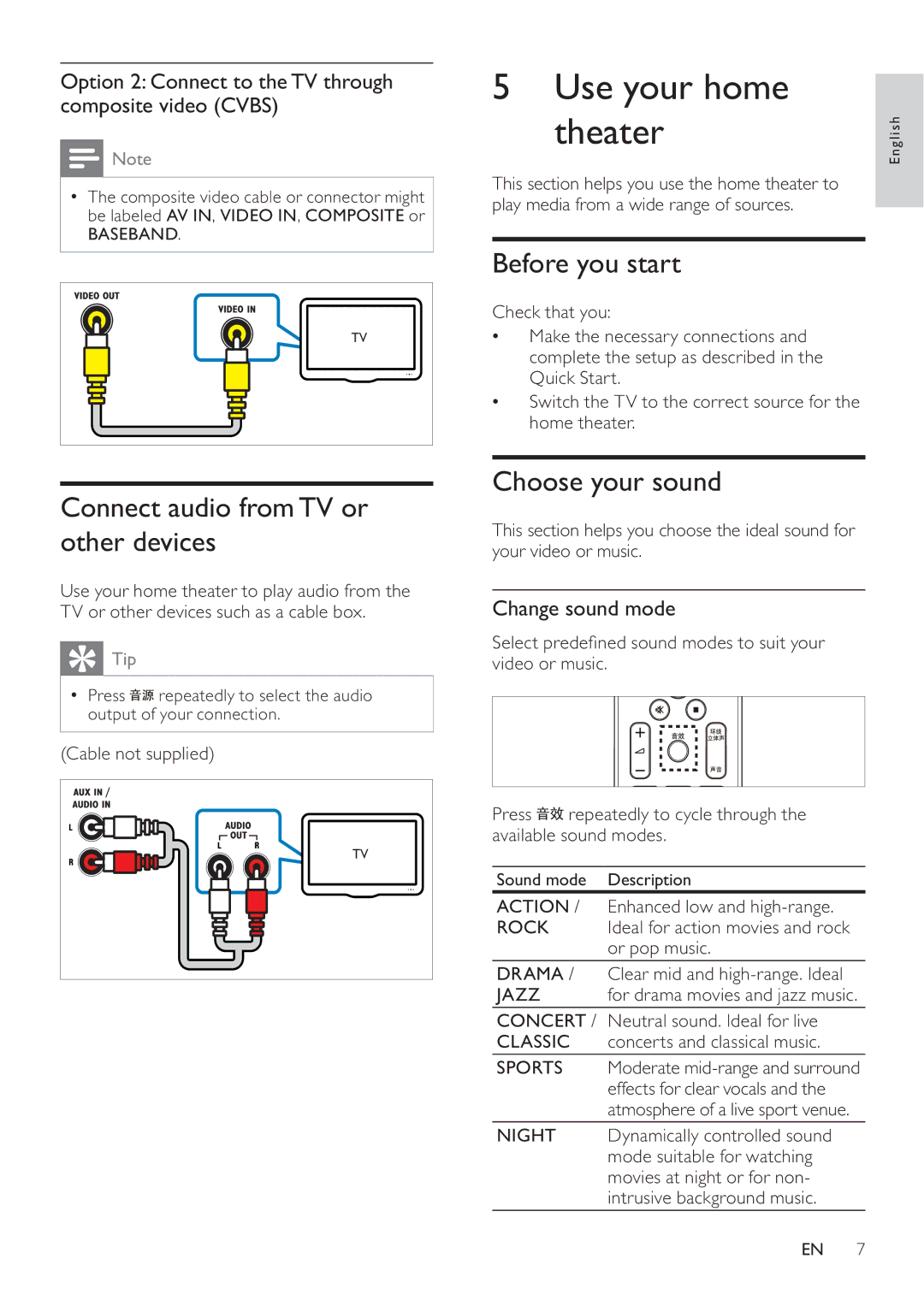 Philips HTS2200/93 Use your home theater, Before you start, Connect audio fromTV or other devices, Choose your sound 