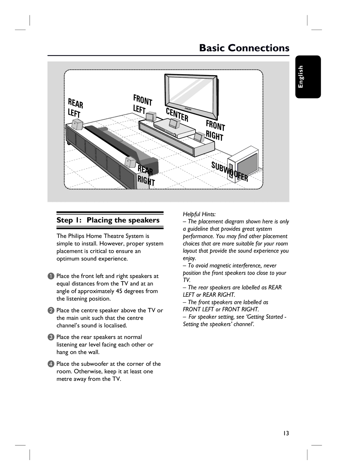 Philips HTS3000/12 user manual Basic Connections, Placing the speakers 