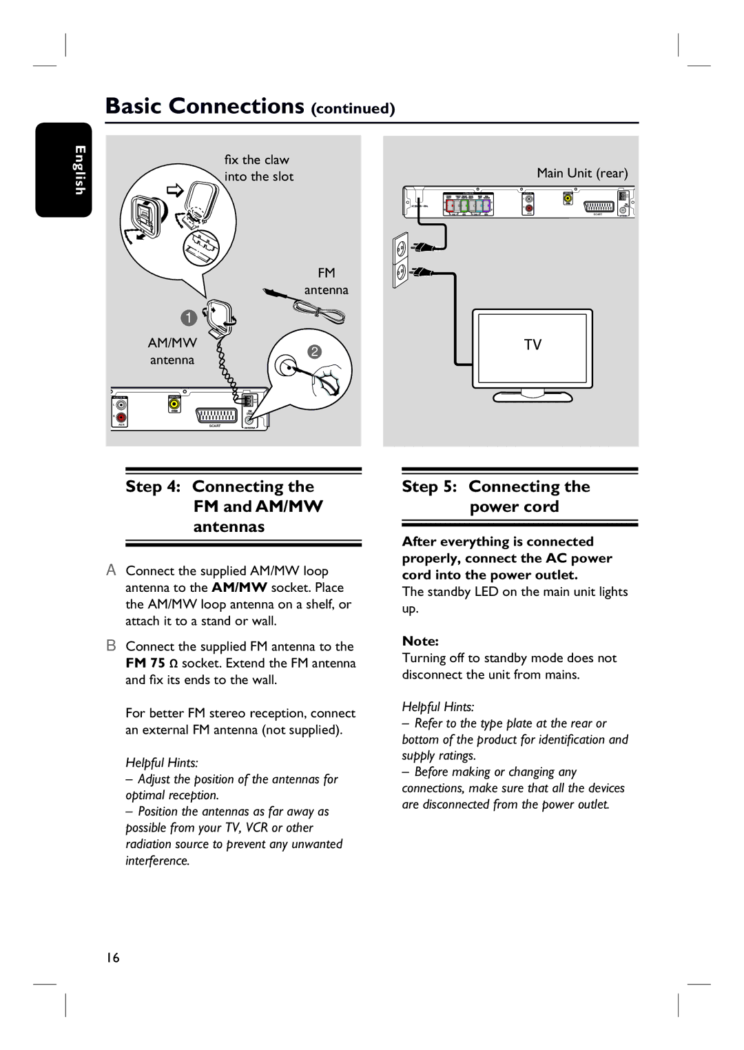 Philips HTS3000/12 Connecting the FM and AM/MW antennas, Connecting the power cord, Fi x the claw, Into the slot 