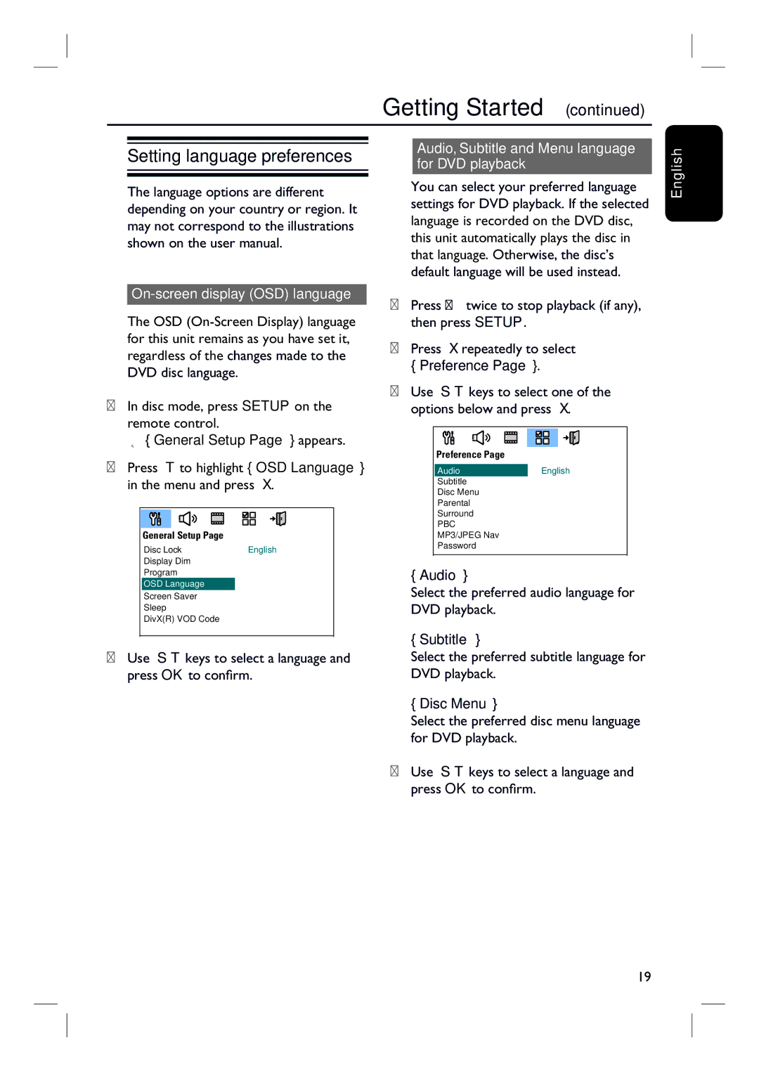 Philips HTS3000/12 Setting language preferences, On-screen display OSD language, General Setup Page appears, Preference 