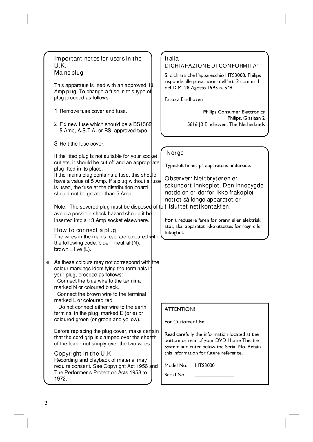 Philips HTS3000/12 Important notes for users in the U.K Mains plug, How to connect a plug, Copyright in the U.K, Italia 