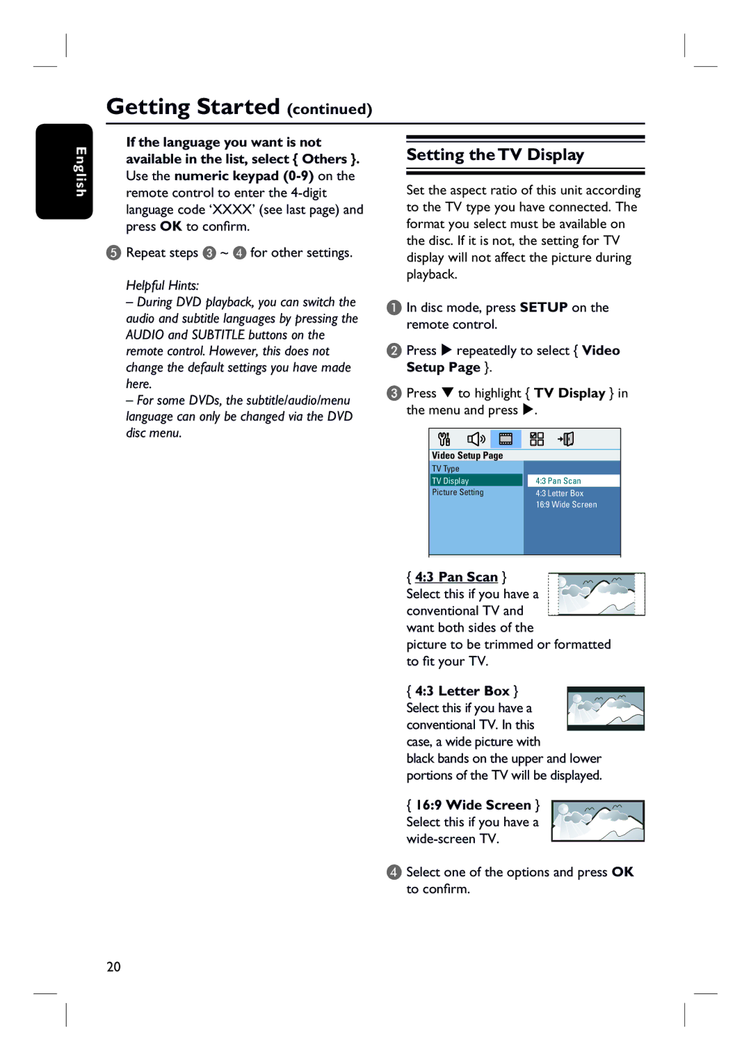 Philips HTS3000/12 user manual Setting the TV Display, Wide Screen Select this if you have a wide-screen TV 