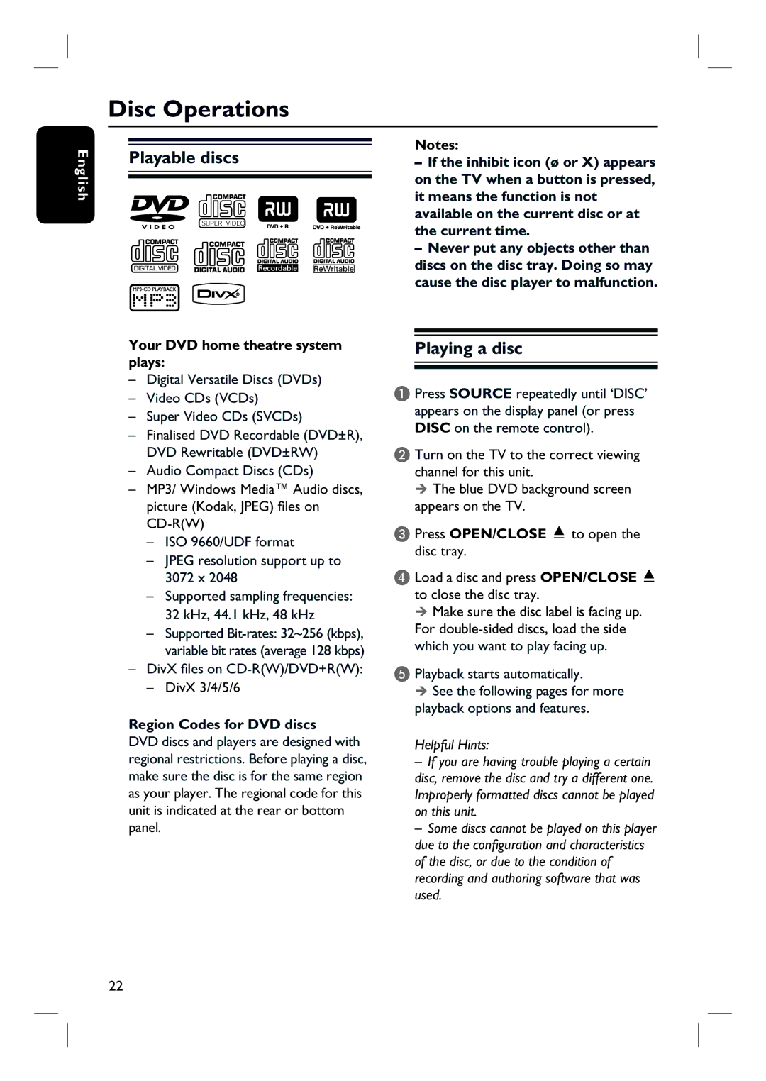 Philips HTS3000/12 user manual Disc Operations, Playable discs, Playing a disc 